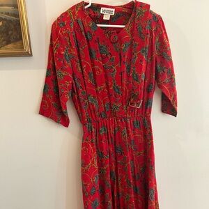 Vintage Melissa Petites Red Dress with Matching Belt Size 12 Paisley Print